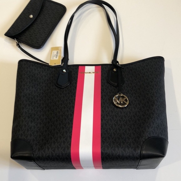 NWT Michael Kors LG. Black Coated Canvas  Eva Tote Bag with Pink/White Stripes - Picture 3 of 8